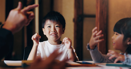 Education, children and counting in home for learning, math lesson and help with parent. Japanese family, kids and smile in living room for development, problem solving and homeschooling with dadの写真素材
