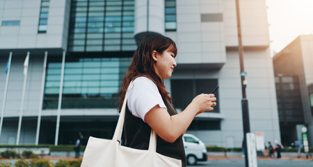 Woman, phone and walk in city, travel and smile with texting, map and search for location in street....