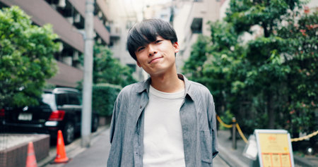 City, happy and portrait of Asian man with smile for university, education and commute to college....
