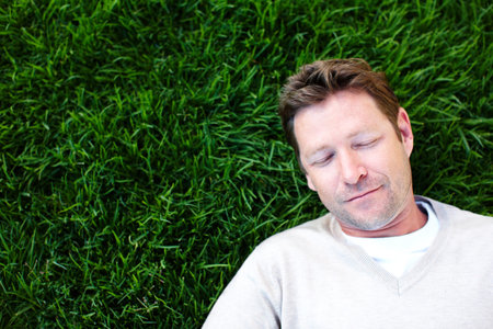 Top view, man and sleeping in nature for peace, outdoor lawn and travel to Florence countryside....