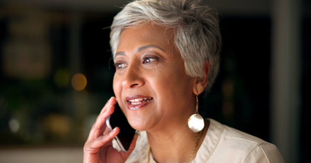 Office, thinking and woman at night for phone call, communication and networking with contact....