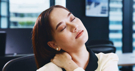 Injury, business woman and neck pain in office from muscle ache, inflammation and bad posture at...