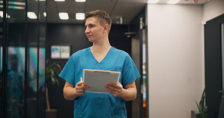 Man, nurse and thinking with clipboard at clinic of medical referral, diagnosis report and insurance...
