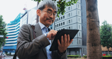 Businessman, tablet and research in city for planning, communication or networking client with idea....