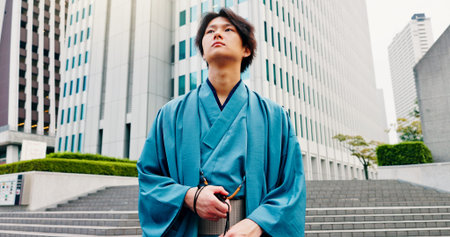 Japanese man, thinking and city with traditional fashion, outfit and yukata for heritage. Travel,...