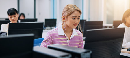 Japanese woman, business and computer with trading, connection and communication on stock market....