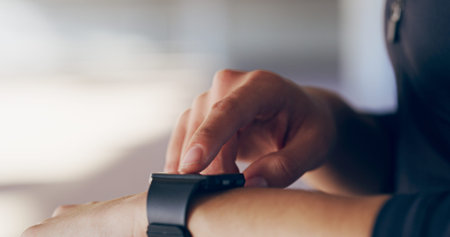 Hands, person and press on smart watch for fitness progress, monitor heart rate and exercise...