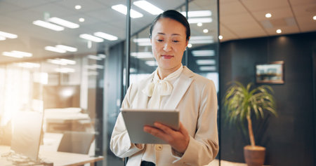 Japan, finance and woman in office, tablet and typing with internet, website info and connection....