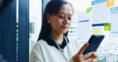 Japan, business and woman with smartphone, connection and internet with stock market, technology and...