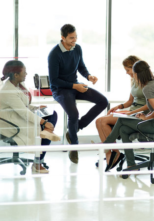 Collaboration, meeting and training with business people in office together for conversation or...
