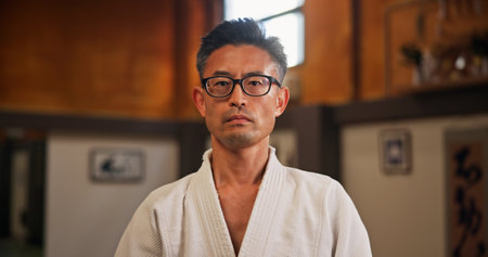 Japanese man, sensei and portrait for martial arts practice or traditional sport, fighting and health. Aikido, gi uniform and pride for fitness challenge, power or champion in bushido training dojoの写真素材
