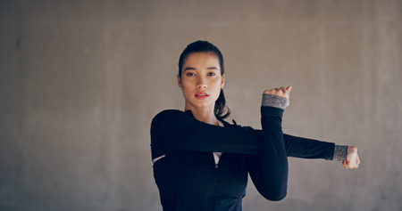 Fitness, woman or stretching at wall with portrait, warm up or ready for workout. Athlete, start or...