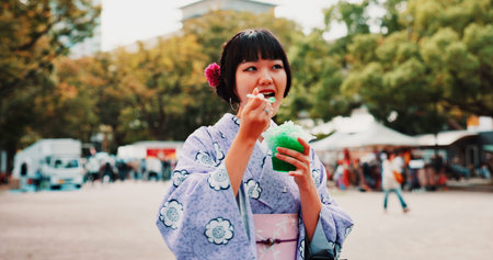 Slushie, holiday and Japanese woman in city with traditional kimono for dessert or sweet treat....