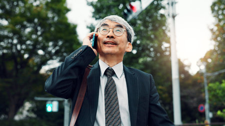 Phone call, business and man in city, travel and conversation with digital app, chatting or talking. Mature person, employee or accountant in street, smartphone or communication with contact or Japanの写真素材