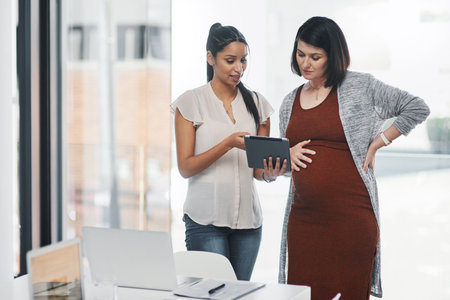 Business people, pregnant and tablet with conversation, tech and digital planning in office. Collaboration, teamwork and handover for maternity leave with social media management and post updateの写真素材
