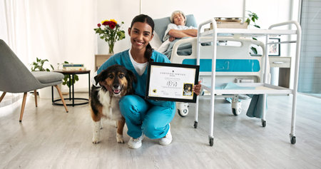 Happy woman, portrait and nurse with service dog, certificate or senior patient for healthcare aid or loyalty at hospital. Female person, caregiver and animal with frame for elderly care or supportの写真素材
