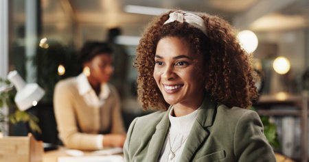 Smile, professional and night with business woman in office for career, planning and global market advisor. Corporate, proposal deadline and research with employee in finance agency for overtimeの写真素材