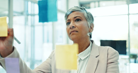 Glass wall, writing and mature woman in office for planning, brainstorming or research for creative...