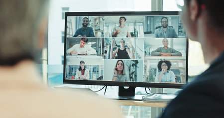 Video call, computer screen and online meeting with business people in office for monitor, contact...