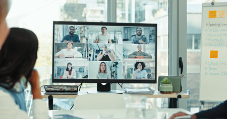 Video call, computer screen and webinar with business people in office for monitor, contact and online meeting. Virtual conference, digital chat and communication with employees for networkingの写真素材