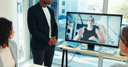 Online meeting, computer screen and consulting with business people in office for monitor, contact...