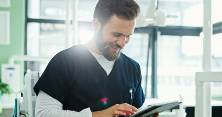 Clinic, happy and dentist with tablet for medical service, appointment schedule and research....