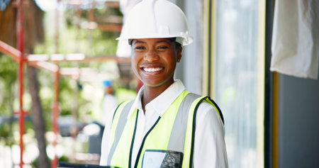 Black woman, engineer and portrait at construction site, happy and pride for career in city. Person,...