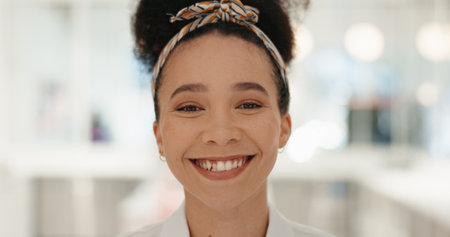 Woman, portrait and happy in cafe for small business, confidence or proud store owner. Entrepreneur, face or bokeh in Brazil coffee shop for service industry, hospitality or dream startup in cateringの写真素材