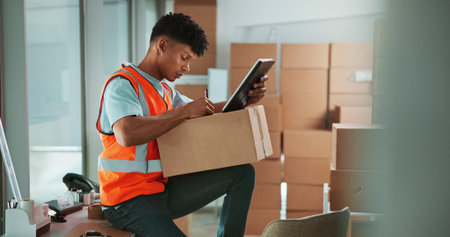 Man, writing and box for logistics at warehouse with tablet, inventory or check for supply chain...