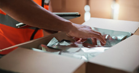 Hands, box and tablet for logistics at warehouse with count, inventory and check with supply chain...