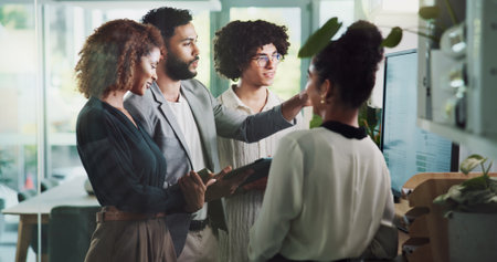 Office, people and meeting with statistics on monitor for social media engagements, report and post activity. Business, employees and teamwork or collaboration with data analysis for champaignの写真素材