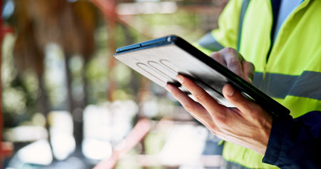 Hands, tablet and construction worker with typing, person and inspection for building development....