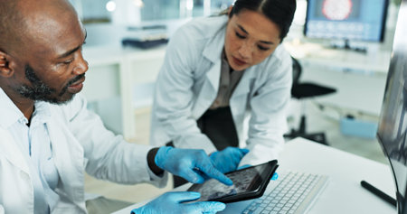 Science, team and tablet in lab for discussion, brainstorming and innovation for medicine...