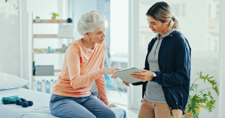 Physiotherapist, senior woman and tablet for talking at clinic with report, progress and consulting for recovery. People, doctor and patient with digital touchscreen, reading and results at hospitalの写真素材