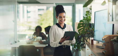 Office, tablet and business woman for project, research analytics or feedback graph. Press agent,...