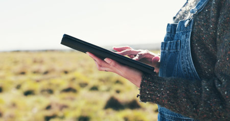 Person, hands and farmer with tablet for agro business, checklist or natural agriculture in nature. Closeup, technology and farming with grass field for eco conservation or production in countrysideの写真素材