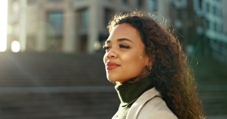 Happy, thinking and woman with smile, city and travel for story, inspiration and confident for journalism. Outdoor, road and person with ideas for agency, reporter and contemplating in morningの写真素材