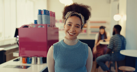 Smile, confident and portrait of woman in coffee shop with positive attitude for restaurant on holiday. Happy, face and closeup of female person from Colombia in cafe with pride for travel vacation.の写真素材