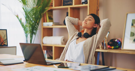 Laptop, relax and freelancer with woman in home office for graphic designer, creative project and...