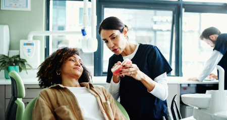 Consulting, mouth model and dentist with woman in clinic for cleaning, dental hygiene and demonstration. Healthcare, dentistry and patient with hygienist for extraction, oral care and medical serviceの写真素材