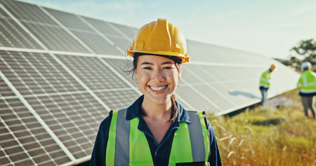 Woman, portrait and solar engineer at farm, energy saving and supervisor for panel maintenance....