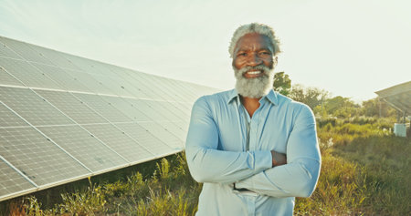 Solar energy, photovoltaic technician and arms crossed in portrait for monitoring installation or...