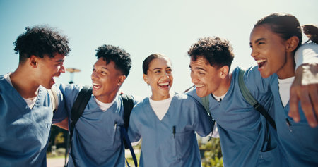 Group of people, outdoor and success as medical student for bonding, learning or education in...