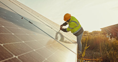 Solar panels, install and technician with man in nature for photovoltaic grid, renewable energy or...