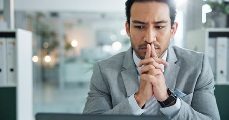 Thinking, laptop and research with business man in office for planning, reflection and legal clerk. Lawyer, litigation case and corporate attorney with person in law firm for memory and reviewの写真素材