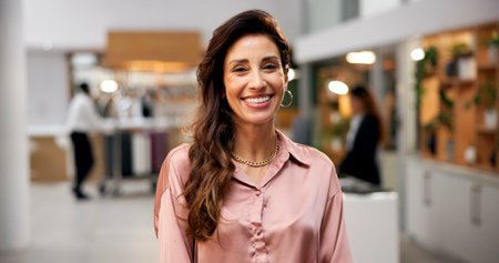 Happy woman, portrait and manager with hotel for accommodation, hospitality or luxury lodge. Female...