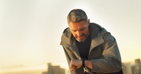 Check time, fitness and man in city, health and confidence with schedule, exercise and challenge....