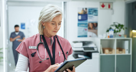 Tablet, woman and mature doctor in hospital with medical research, telehealth or feedback. Digital...