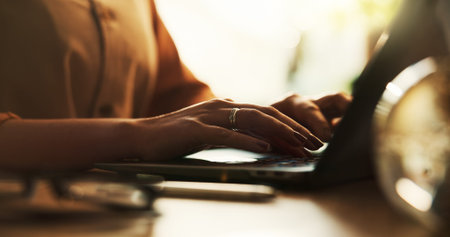 Website, typing and laptop with hands of person in home office for research, networking and email....