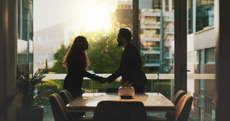 Business, people and handshake for meeting in office of partnership, introduction and interview success. Staff, greeting and agreement respect for promotion deal, onboarding offer and b2b opportunityの写真素材